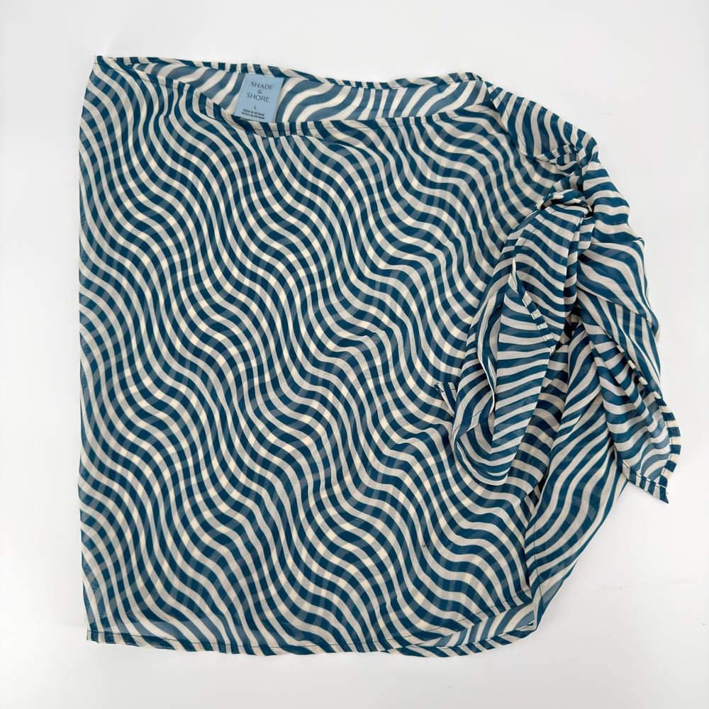 Shade & Shore Swim Coverup Womens Large Teal White Wavy Stripe Sarong NWOT Wrap